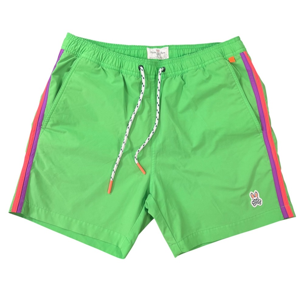 Psycho Bunny Mens Swim Trunks Green Striped Logo Board Shorts Size S